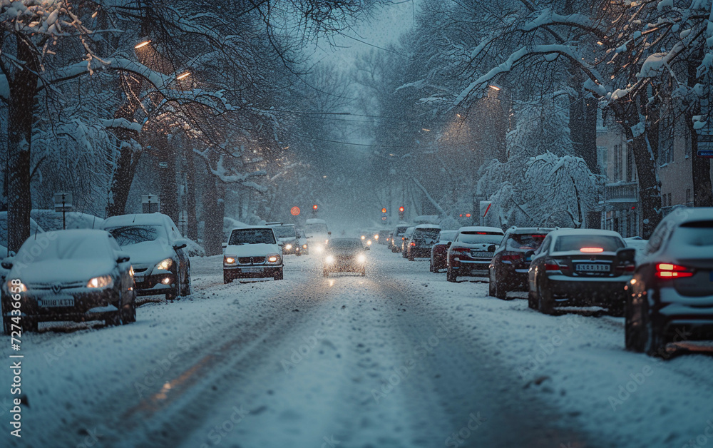 Fototapeta premium Snow Covered Cars Filling a Winter Street