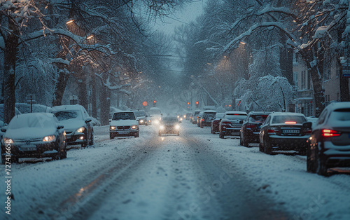 Snow Covered Cars Filling a Winter Street