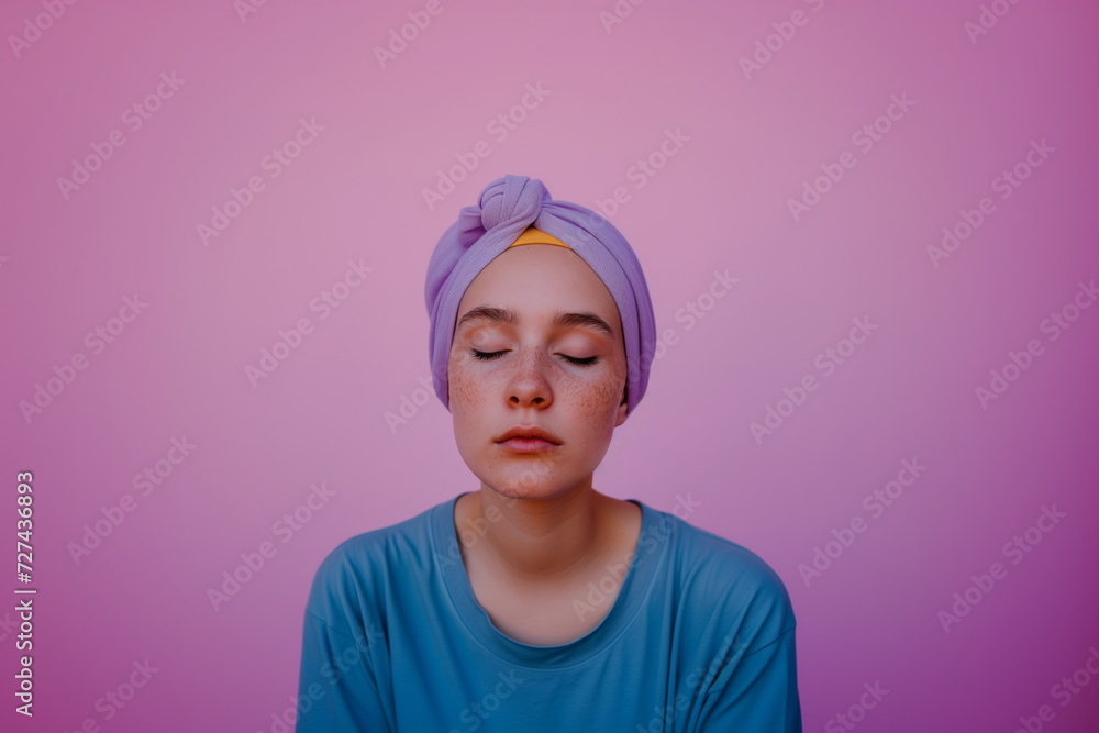 Portrait of a young woman wearing a purple headscarf. Studio photo of a girl on purple background. Overcoming cancer. World Cancer Day. Breast Cancer Awareness Month Portrait of a young woman wearing a purple headscarf. Studio photo of a girl on purple background. Overcoming cancer. World Cancer Day. Breast Cancer Awareness Month