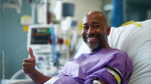 Smiling male patient showing thumbs up. Happy middle aged black bald man after chemotherapy in hospital bed. African american patient in purple gown. Cancer treatment success concept. photo