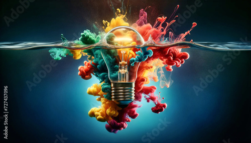 Creative light bulb. A stunning visual of a light bulb half-submerged in water with a vibrant explosion of colorful ink clouds around it.Think differently creative idea concept.Generative AI
