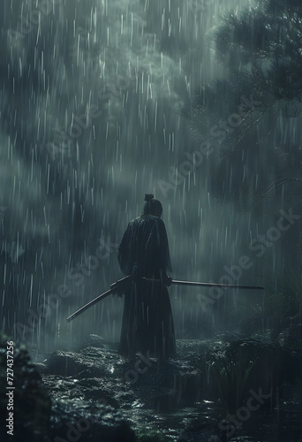 Samurai man in black cloak with a sword in the dark night