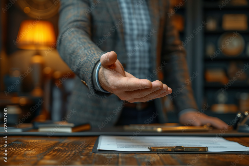 A hand confidently presenting a business proposal to a potential client exemplifies the art of effective communication and persuasion in securing lucrative business opportunities.  Generative Ai.