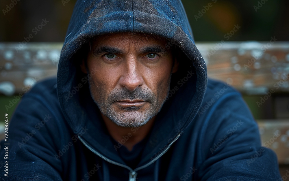 Multiracial Man in Hoodie Sitting on Bench Multiracial Man in Hoodie Sitting on Bench