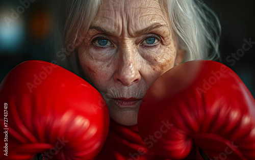 Older Woman Wearing Red Boxing Gloves