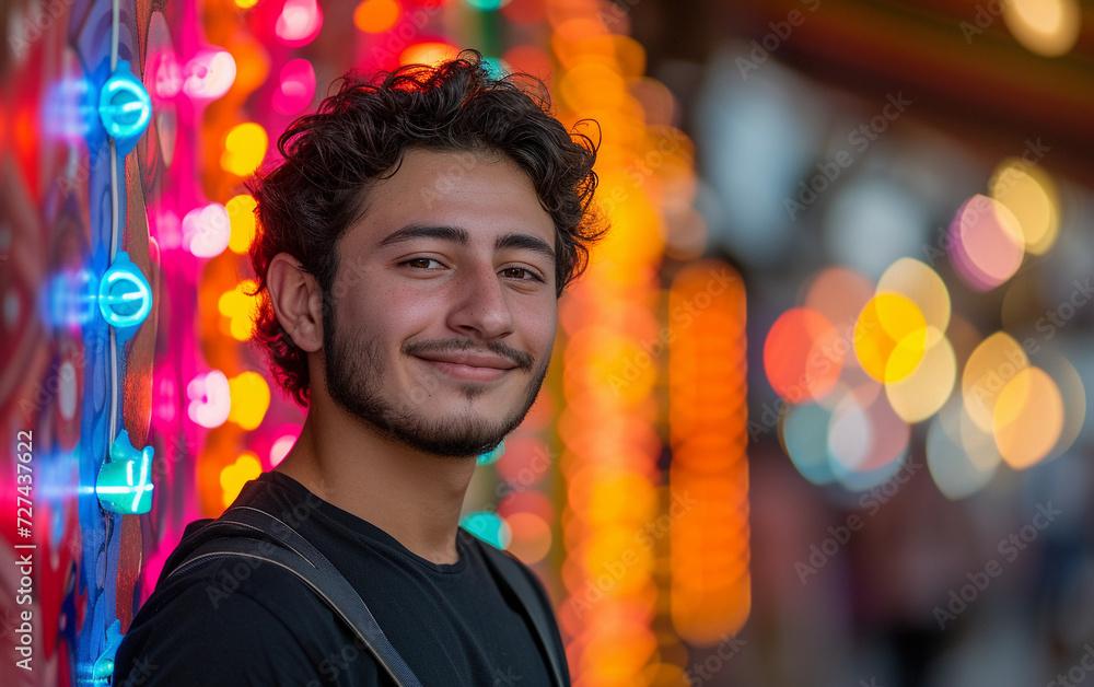 Man Standing in Front of Colorful Display of Lights Man Standing in Front of Colorful Display of Lights