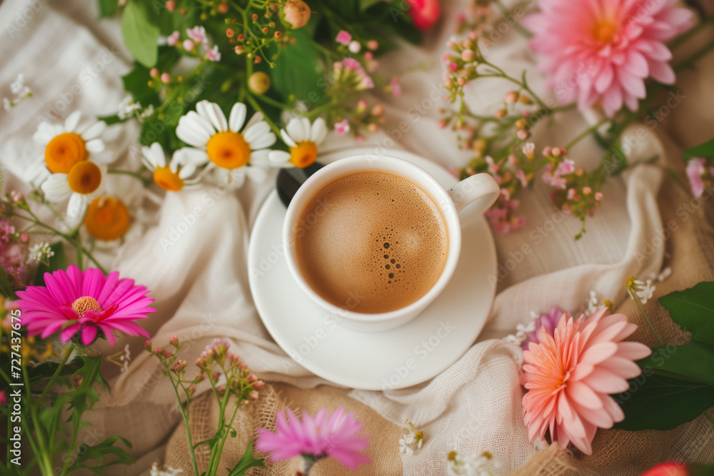 A cup of morning coffee surrounded by freshly bloomed flowers, creating a serene and aromatic start to an April day A cup of morning coffee surrounded by freshly bloomed flowers, creating a serene and aromatic start to an April day