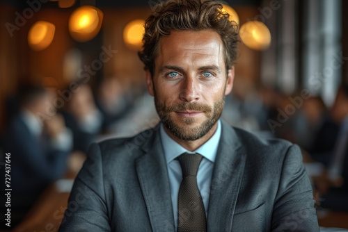 A well-dressed executive confidently leading a meeting showcases the traits of effective leadership, emphasizing the ability to communicate vision and guide a team toward. Generative Ai.