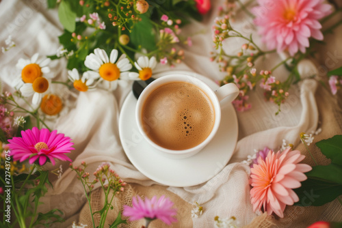 A cup of morning coffee surrounded by freshly bloomed flowers, creating a serene and aromatic start to an April day