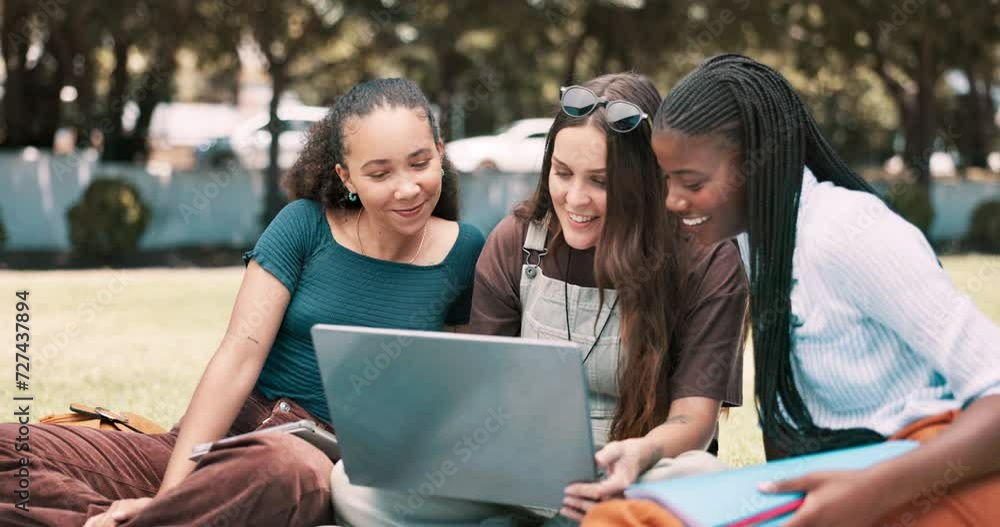 Laptop, education and student woman friends outdoor on college campus to study for exam or test together. Computer, learning or scholarship with group of young people on field of grass at university Laptop, education and student woman friends outdoor on college campus to study for exam or test together. Computer, learning or scholarship with group of young people on field of grass at university