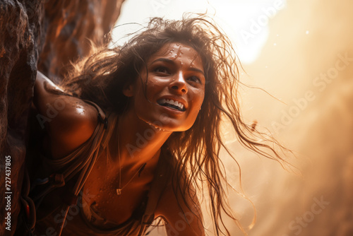 Female Rock Climber Conquering a Challenging Route