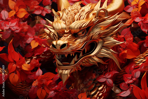 traditional red chinese dragon for chinese new year 2024, chinese lucky dragon symbol, Lùhng, ryū, 龍/竜, yong, 용, mungkorn, มังกรจีน, rồng, generative AI photo