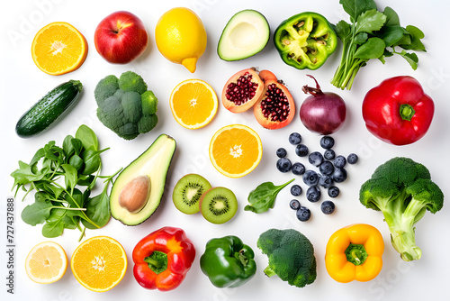 Composition with fresh fruits and vegetables on white background, top view