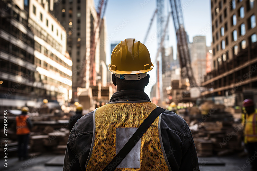 A dark-skinned construction worker in overalls looks at the construction site. Rear view. Generated by artificial intelligence A dark-skinned construction worker in overalls looks at the construction site. Rear view. Generated by artificial intelligence