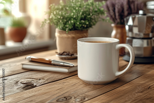 A coffee mug mockup placed on a cozy desk setting  providing a warm and inviting template for displaying custom mug designs  logos  or promotional messages.  Generative Ai.