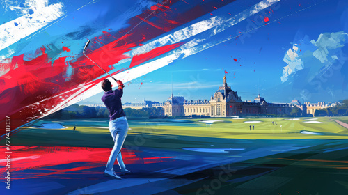 Golf player in action on the court over blue, white and red background. Paris 2024. Sport illustration. 