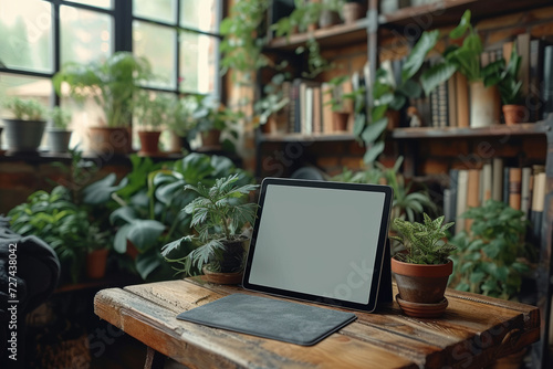 A tablet mockup with a blank screen, perfect for presenting digital publications, e-books, or app interfaces with a focus on the modern digital reading experience. Generative Ai.