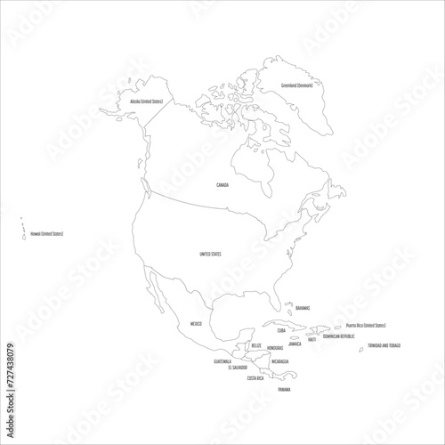 Political map of North America. Thin black outline map with country name labels on white background. Ortographic projection. Vector illustration