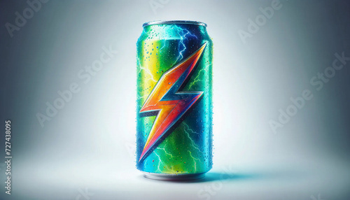 Vividly colored energy drink can featuring a distinct lightning bolt