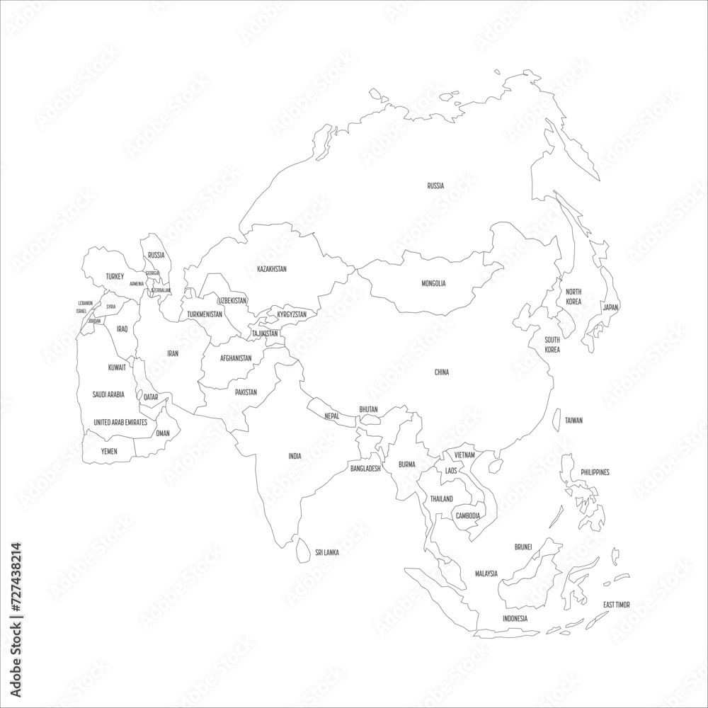 Political map of Asia. Thin black outline map with country name labels on white background. Ortographic projection. Vector illustration