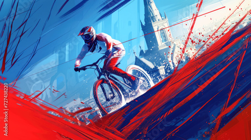 Mountainbiker in action on the court over blue, white and red background. Paris 2024. Sport illustration. 