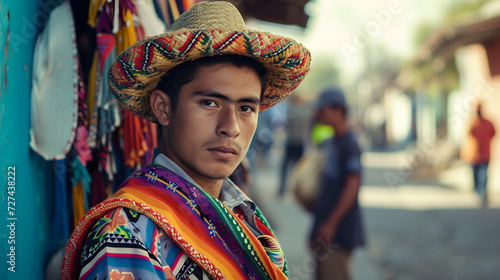 Portrait of young man wearing traditional mexican poncho