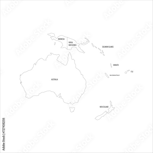 Political map of Australia. Thin black outline map with country name labels on white background. Ortographic projection. Vector illustration