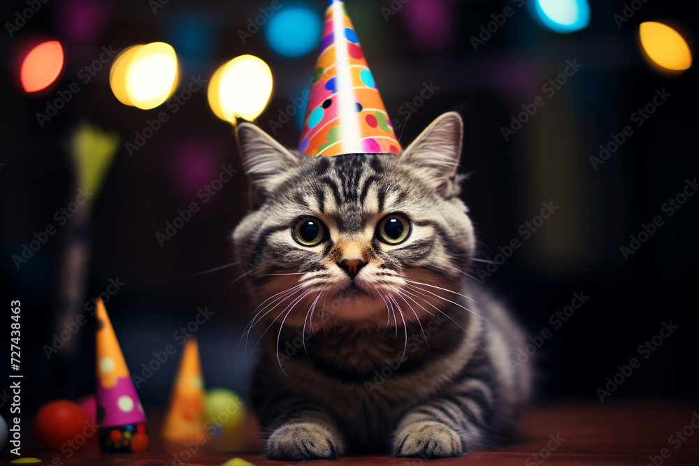 Birthday cat kitty funny cute pretty happy small animal playful festive hat celebrate, cake candles gifts banner copy space greeting card poster balloons holiday.