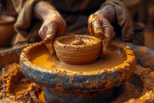 A close-up of a potter's hands shaping clay on a spinning wheel, capturing the skill and craftsmanship of handmade pottery. Concept of traditional arts. Generative Ai.