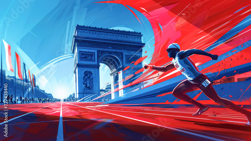 Runners in action on the track over blue, white and red background. Paris 2024. Sport illustration. 