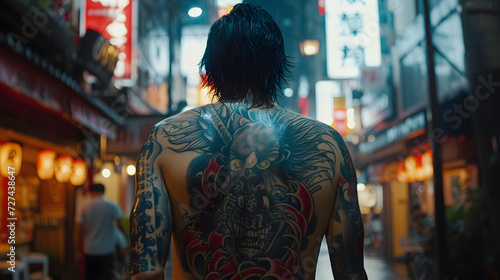 Rear view yakuza walking on tokyo street