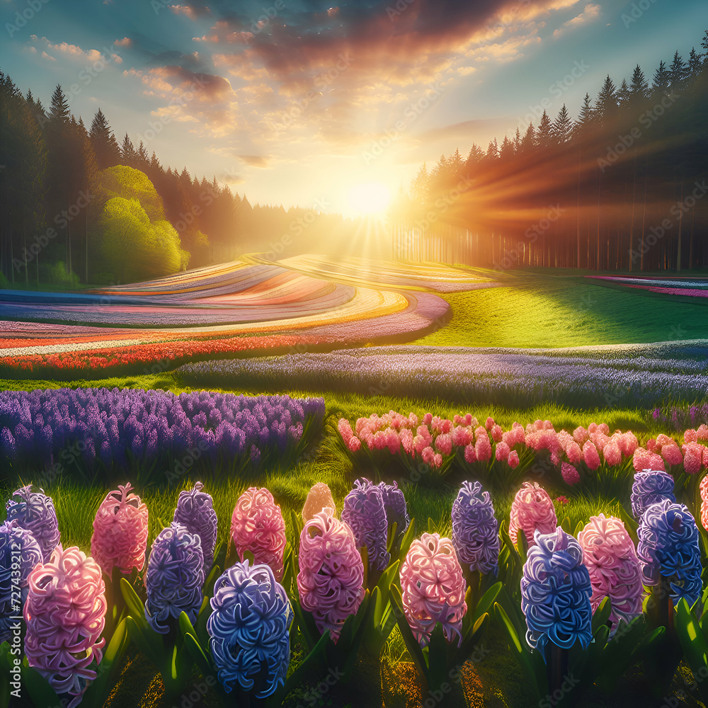 Natural Spring Landscape with a Colorful Field of Hyacinth Flowers on Sunny Background
