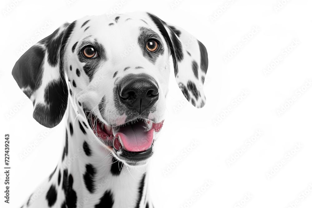 exuberant Dalmatian dog with a bright smile, showcasing its distinct black spots on a white coat, against a stark white background
