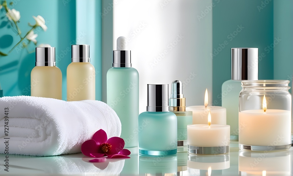 Spa setting with towels , candle, flower, and lotions containers, beauty wellness centre. Spa product are placed in luxury spa resort room. Health and wellness concept. Spa setting with towels , candle, flower, and lotions containers, beauty wellness centre. Spa product are placed in luxury spa resort room. Health and wellness concept.