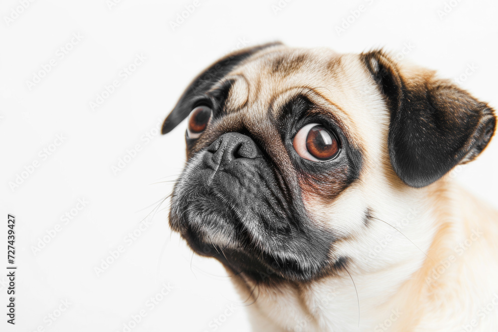 A close-up of a pug with a contemplative expression, showcasing its big, soulful eyes against a stark white background
