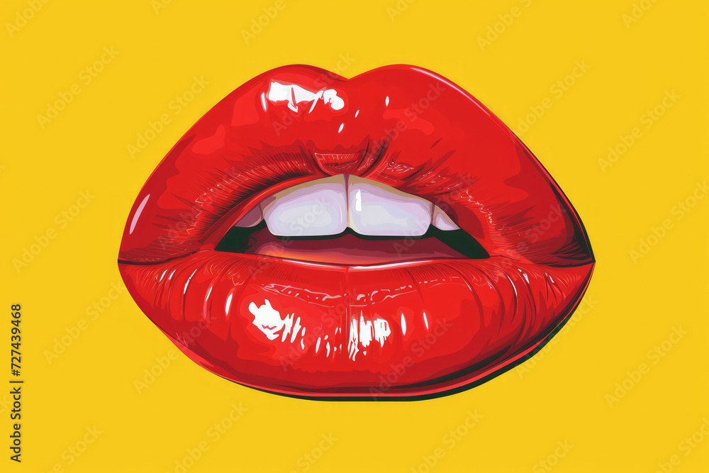 Obraz premium Close-up Womans red lips on a yellow background. Modern art collage. red lips and white teeth. Modern design. Contemporary art collage. Concept of emotions, social media or feelings.