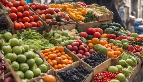 Fruits and vegetables. Street vendor's shop. Plenty of ripe, low-calorie foods. AI generated