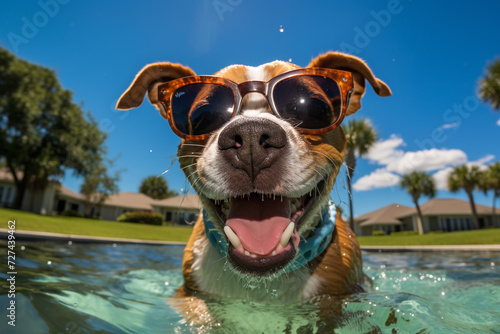 cute happy funny pretty beautiful dogs puppy doggy pet best friend swimming in pool or sea, wear sunglasses, water laps wet joyful humor enjoyment playing smiling sunlight beach. © Ирина Батюк