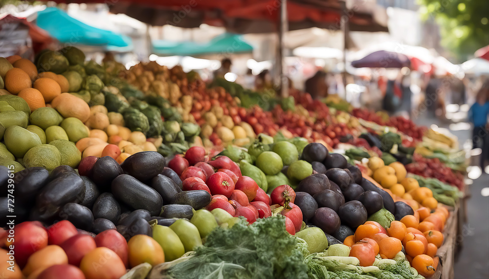 Vegetables and fruits. Street vendor stall. Lots of ripe produce. Selective focus. AI generated