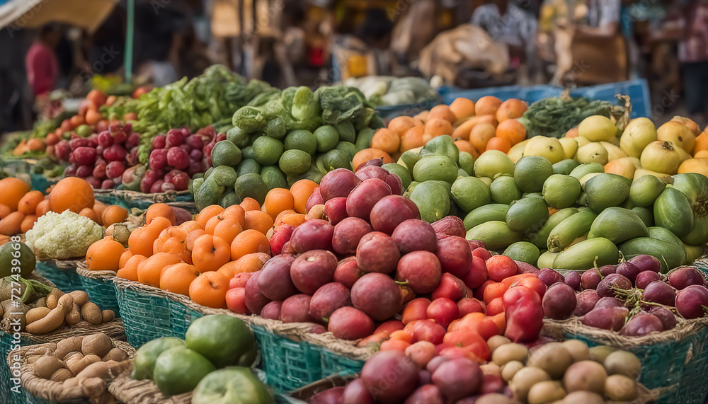 Vegetables and fruits. Street vendor's shop. Lots of ripe food. Selective focus. AI generated