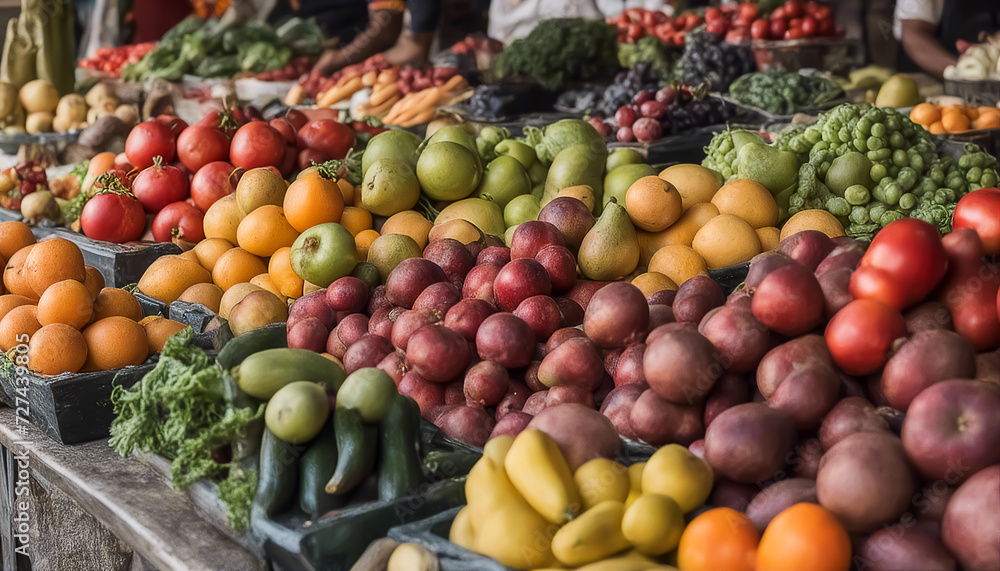 Vegetables and fruits. Street vendor stall. Plenty of ripe, low-calorie foods. Selective focus. AI generated