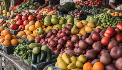 Vegetables and fruits. Street vendor stall. Plenty of ripe  low-calorie foods. Selective focus. AI generated
