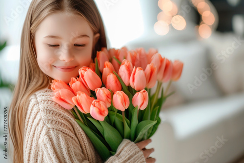 Cute little blonde girl with a bouquet of tulips at home, space for text