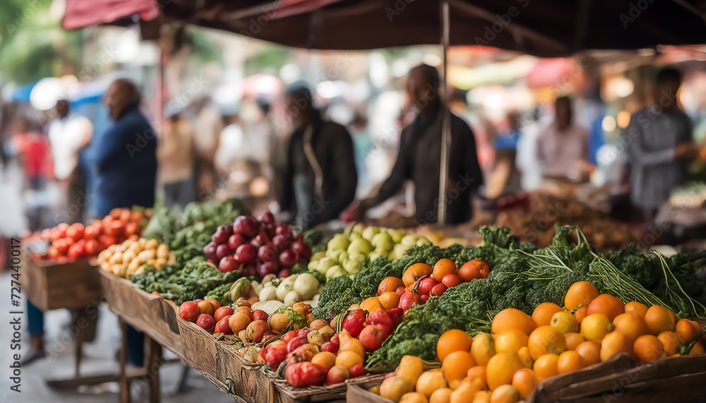 Fruits and vegetables. Street vendor stall. Lots of low-calorie fresh produce. AI generated