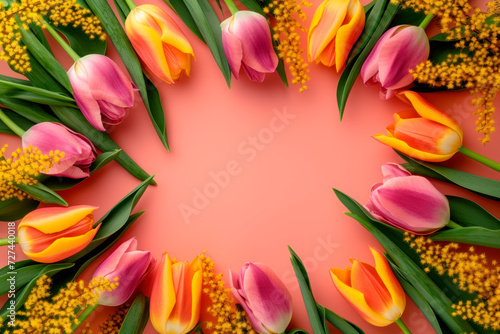 Top view of tulips, mimosa arranged in a circle with copy space in the center on a pink background. Template for International Women's Day March 8, birthday, Mother's Day