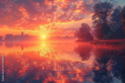 A picturesque Easter sunrise reflected on a calm lake, creating a breathtaking scene of nature's beauty. Concept of Easter tranquility and renewal. Generative Ai.