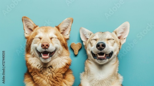 Two Dogs and hearth from treat on blue background.