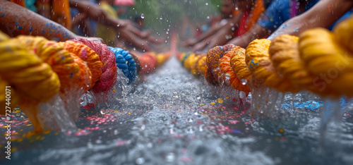 Holi revellers engaged in a playful tug-of-war, with ropes soaked in colorful water, adding an element of friendly competition to the festive atmosphere.  Generative Ai.