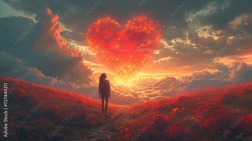 Osoba stoi na polu, pod niebem z chmurą w kształcie serca. - obrazy, fototapety, plakaty 