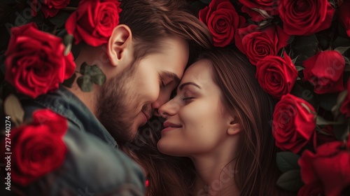 Mężczyzna i kobieta całują się przed czerwonymi różami na tle romantycznej atmosfery.